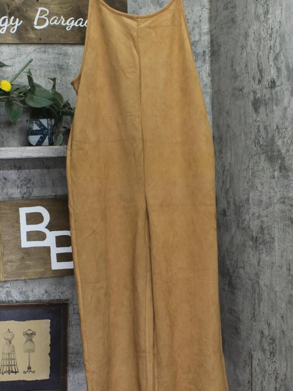 Cupshe Brown Camel Faux Suede Knit Wide Leg Sleeveless Jumpsuit Beige Sz S